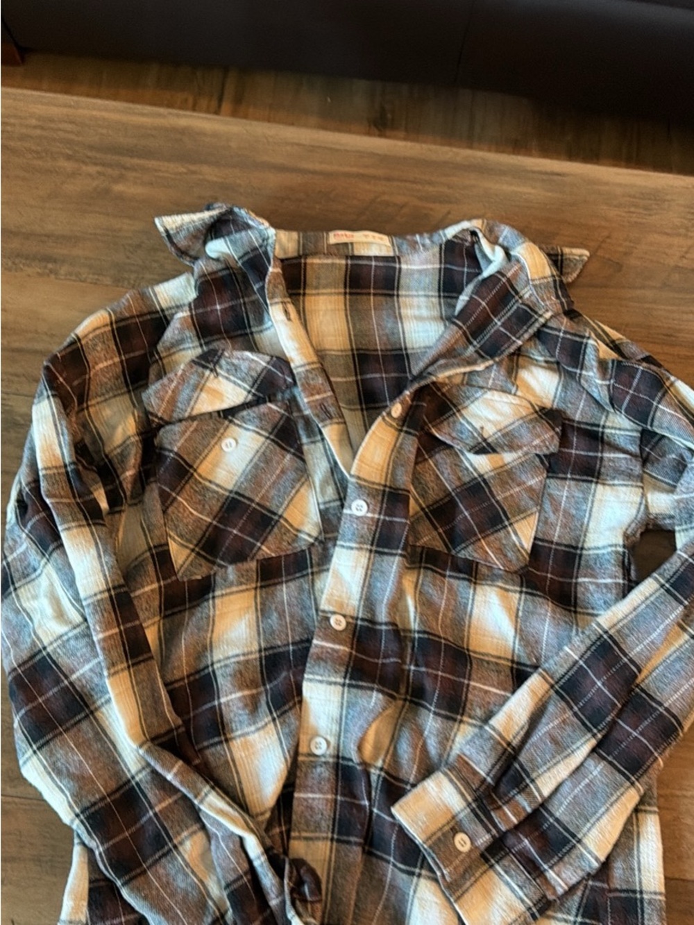 Plaid Button-Up Shirt in Brown and Cream